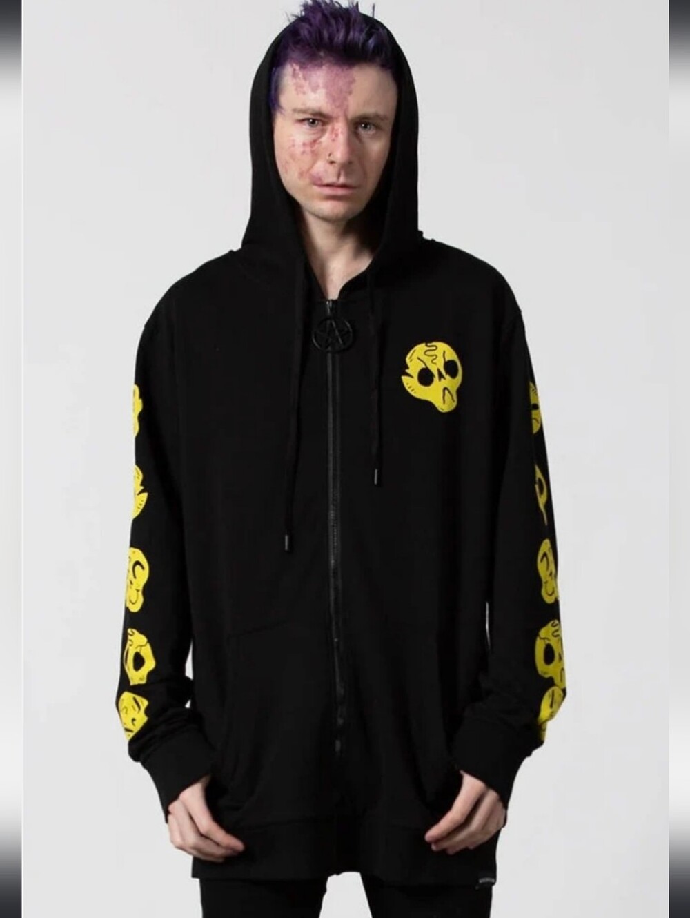 Black Hoodie Zip Sweater with Yellow Skull Motif -UNISEX